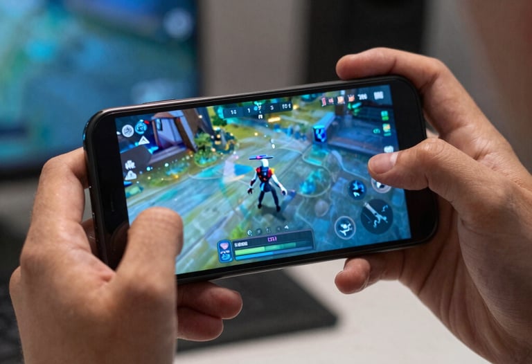 A North American US gamer playing a mobile game on a smartphone, hand-held shot showing the glowing screen reflecting light blue colors on their face, indoor setting.
