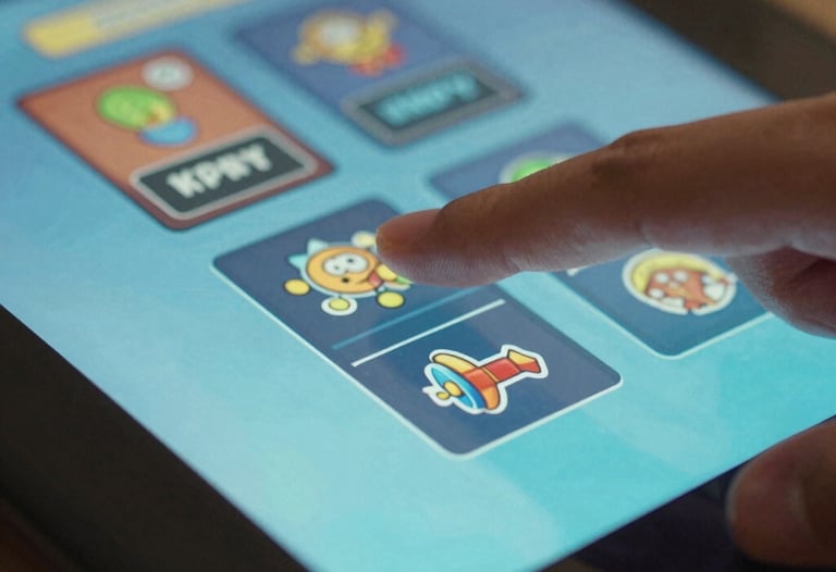 Macro photography of a person's thumb interacting with a colorful touchscreen game menu, light blue and teal glow.