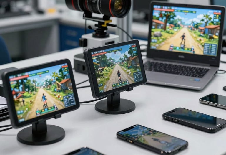 A professional setup of mobile testing devices in a US lab, displaying various high-resolution 3D game screens.