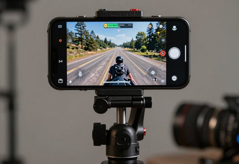 Detailed photography of a mobile device mounted on a tripod in a North American US studio, used for testing high-speed game frame rates.