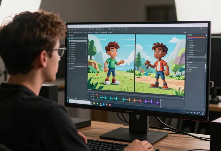Behind-the-scenes photography of a North American US game developer working on character animations on a large monitor, soft studio lighting.