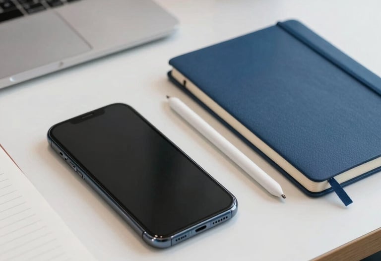 High-angle photography of a clean workspace in a US tech office, featuring a smartphone, a stylus, and a notebook with slate blue accents.