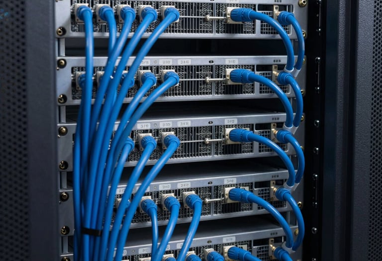 A tidy and organized data rack with neatly labeled blue cables. Modern server room aesthetics, professional lighting, technical precision.