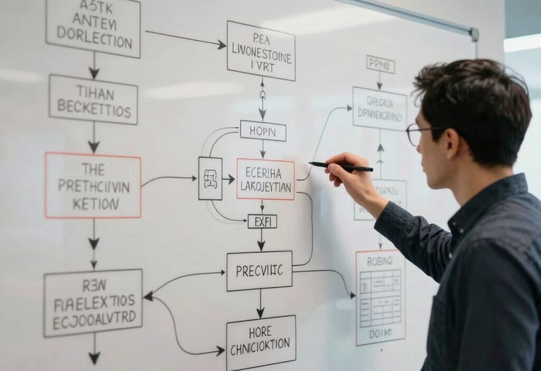 Photography of an office whiteboard with complex technical diagrams and workflow charts. Professional brainstorming, focus on innovation.