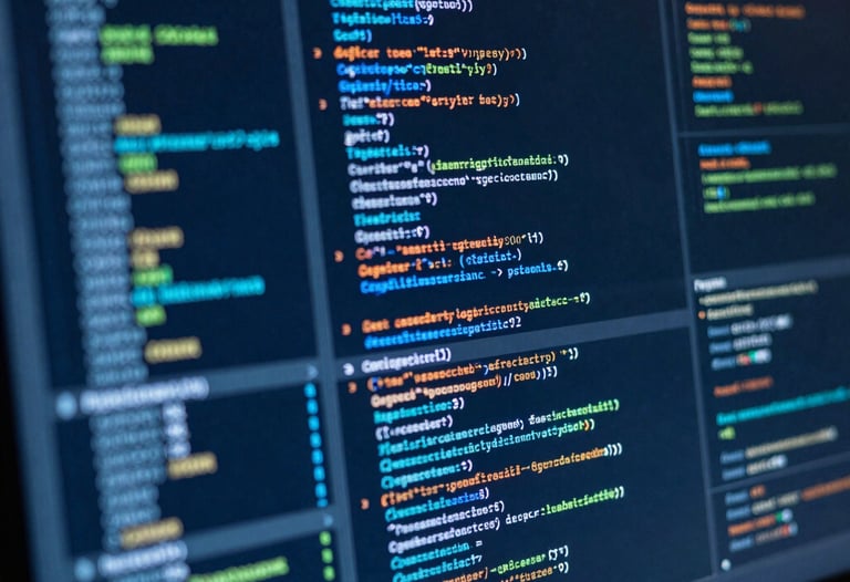 Close-up of a high-resolution screen displaying cybersecurity codes and data analytics charts. Technical, sharp, blue glow, professional.