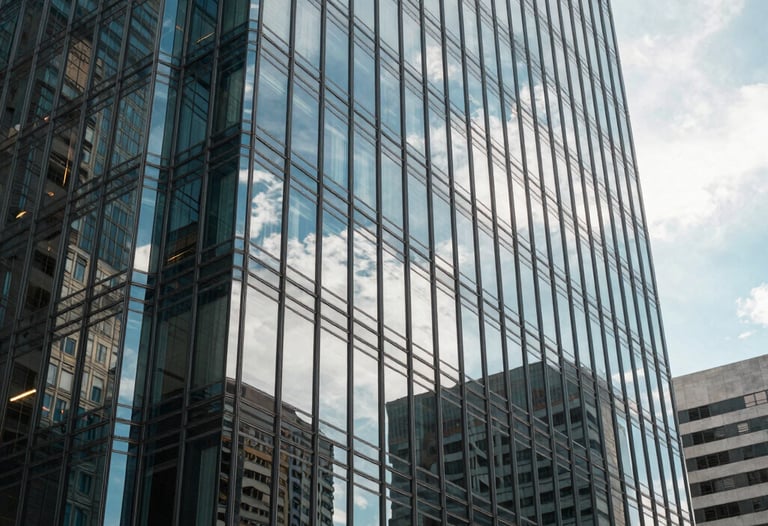 Creative shot of a glass office building in a South American business district reflecting the sky. Professional, corporate, ambitious tone.