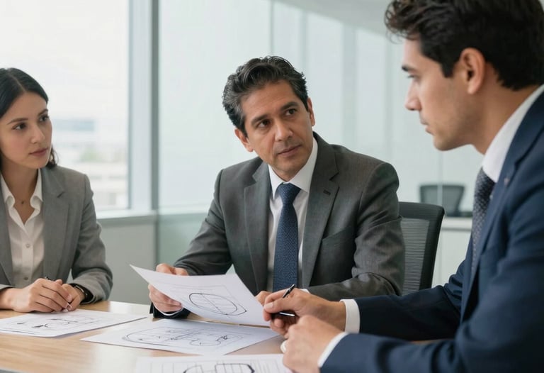 Business meeting photography. Three South American professionals in a boardroom discussing technical diagrams. Professional attire, clean corporate office, daylight.