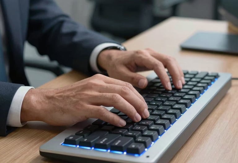 Close-up photography of professional hands typing on a high-end mechanical keyboard in a well-lit office. Brazilian office setting, professional attire, modern desk setup with blue-tinted lighting accents.