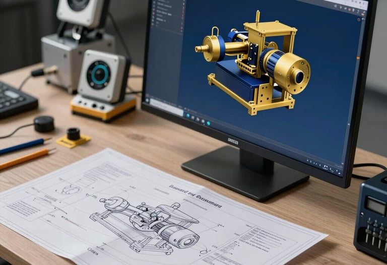 An engineer's desk in Germany with blueprints and a 3D model of a custom machine on a screen. High-tech sensors and tools in the background. Palette of deep blue and gold.