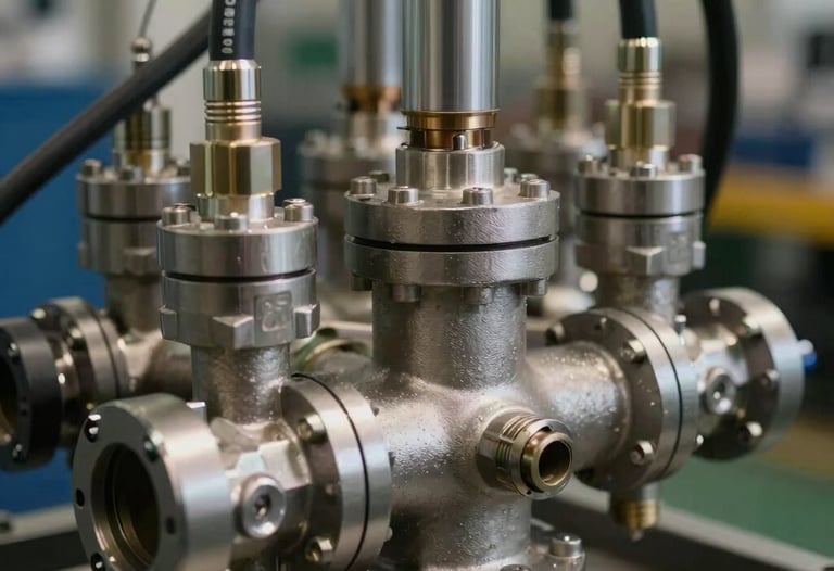Detail shot of a hydraulic manifold with high-pressure hoses and steel valves. Professional lighting emphasizing texture and precision. Technical engineering style.