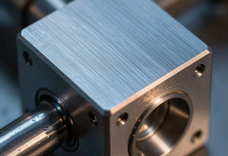 Macro shot of a high-precision CNC machined part with brushed metal surface. Reflection of studio lights on the edges. Steel blue and gold tones.