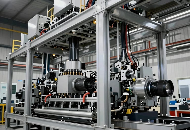 Large scale assembly of a custom industrial machine in a clean, modern workshop. Perspective view highlighting complex structural beams and cabling.