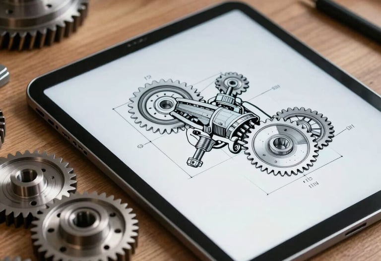A mechanical assembly drawing displayed on a tablet next to real precision-machined gears on a wooden table. Professional engineering atmosphere.