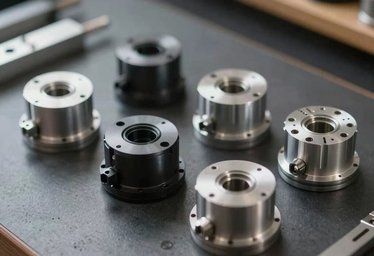 A series of custom technical components organized on a dark workbench. Professional photography with shallow depth of field.