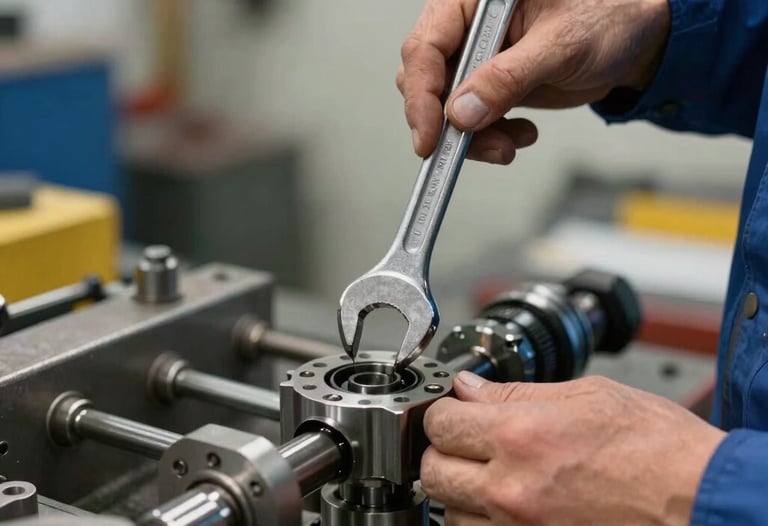 Action shot of an engineer adjusting a mechanical component with a wrench. The focus is on the metal parts and the precision of the work. Central European industrial context.