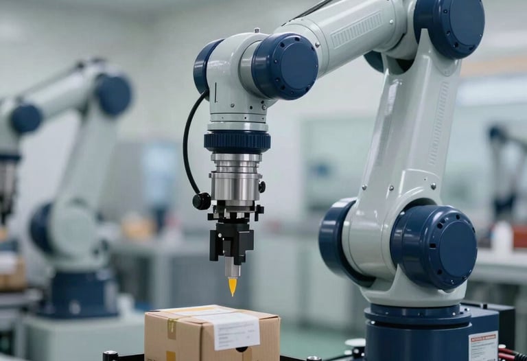 Industrial robotic arm integrated into a packaging system. Background shows a blurred factory floor with a clean, modern aesthetic. Dominant colors are navy and light gray.
