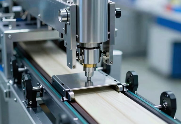 Close-up of a high-tech automated packaging line. Polished stainless steel parts, conveyor belts, and precise mechanical grippers. Industrial setting in Central Europe, brightly lit with steel blue and silver highlights.