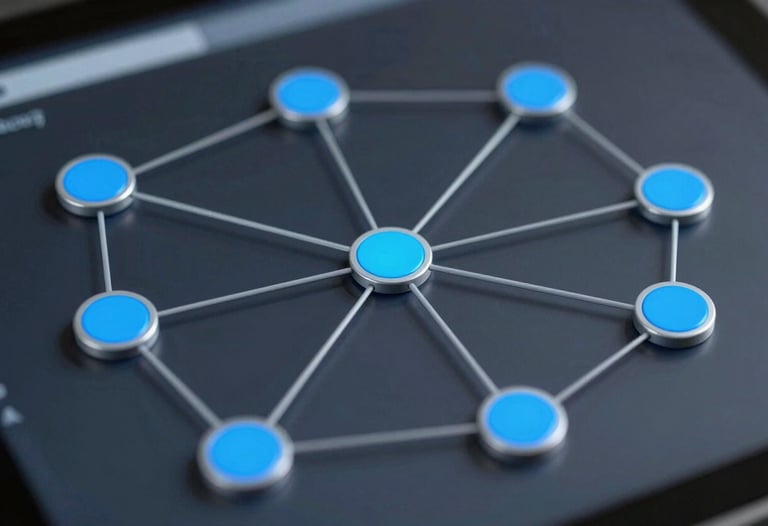 Macro photography of a sleek digital interface showing graph nodes and connection points in bright blue and gray tones, emphasizing complex project connectivity.