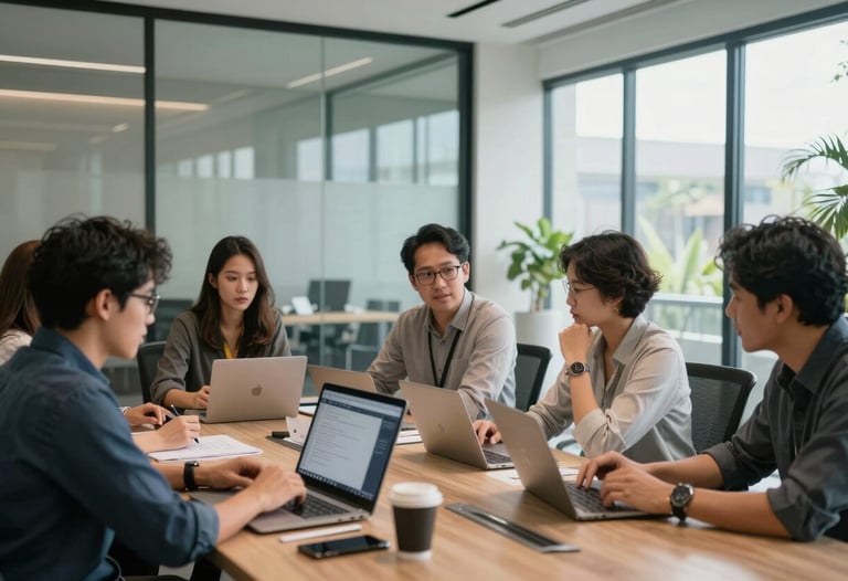 Photography of a modern office meeting room in Bali with glass walls, showcasing a team collaborating on a project strategy using digital tools.