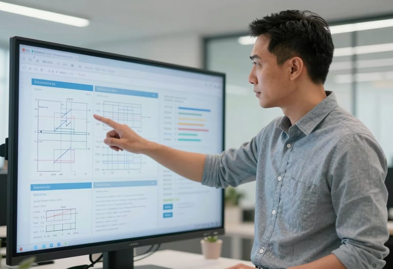 Photography of a professional Southeast Asian man in his 30s pointing to a large touch-screen display showing project charts in a bright office.