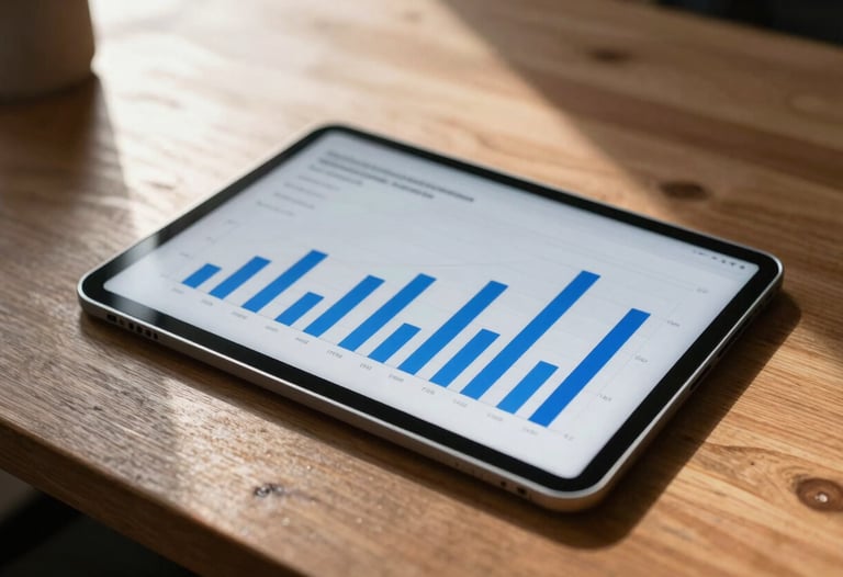 Photography of a tablet displaying a minimalist dashboard with blue bar charts on a polished wooden desk, natural morning light.