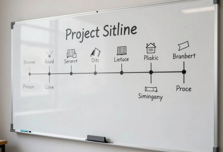 Clean photo of a hand-crafted project timeline on a whiteboard in a modern studio, representing the planning process.