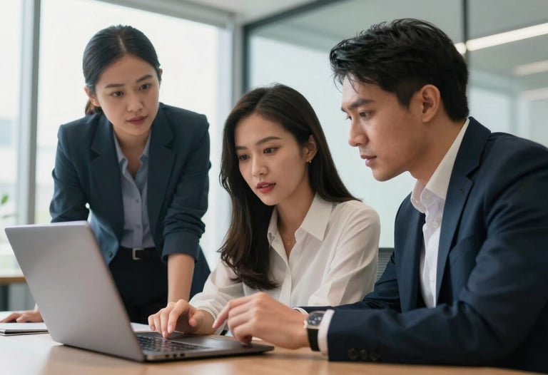 Photography of three Southeast Asian colleagues in a bright office discussing project milestones around a laptop, focused and professional expressions.