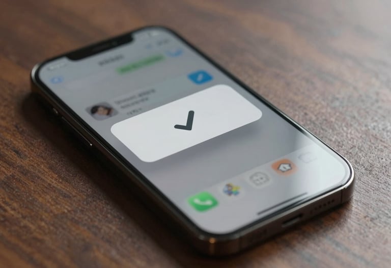 Sleek photography of a modern smartphone showing a mobile project notification with a clean checkmark icon, representing task completion.