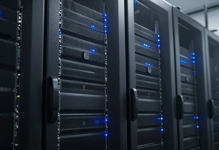 Clean, professional photography of a high-tech server room with soft blue indicator lights, representing the data infrastructure of a monitoring system.