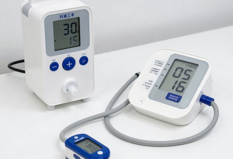 A variety of hospital beds and mobility aids displayed in a bright showroom.