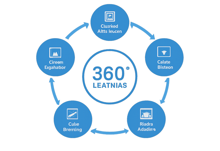 A circular diagram representing the '360° Learning' ecosystem with various interconnected modules: Content Management, Student Portfolio, Parent Portal, Professional Development, Skill Tracking, and Virtual Classrooms, each with its own icon in a blue circle.