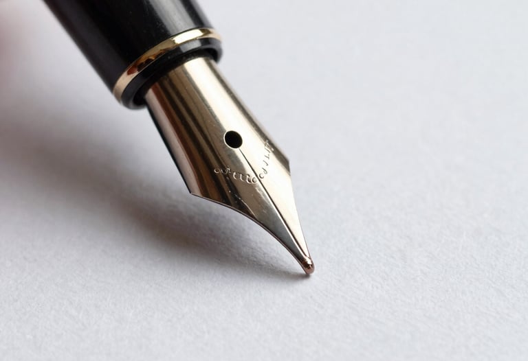 A macro shot of a fountain pen nib touching off-white textured paper, symbolizing the precision and uncommon thought in our brand strategies.