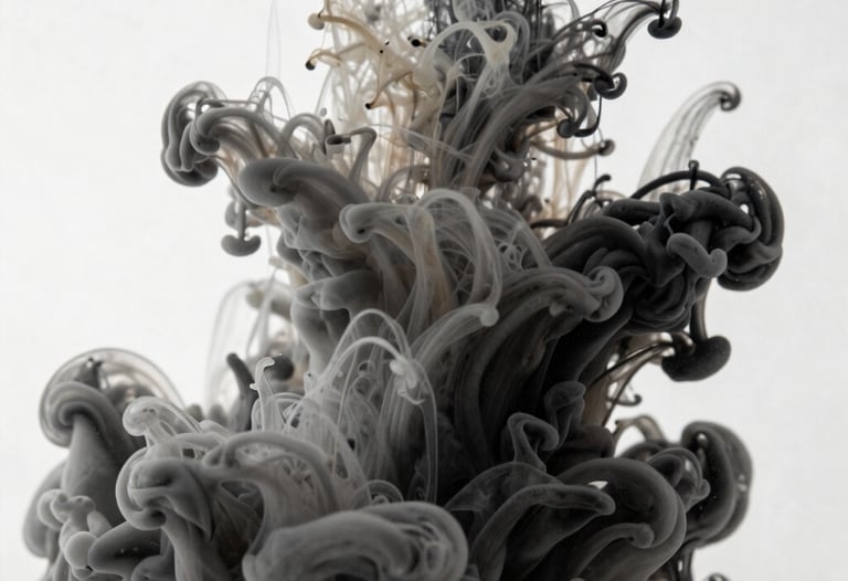 An abstract close-up of ink swirling in water, charcoal and light gray colors, representing creative fluidity and brand depth.