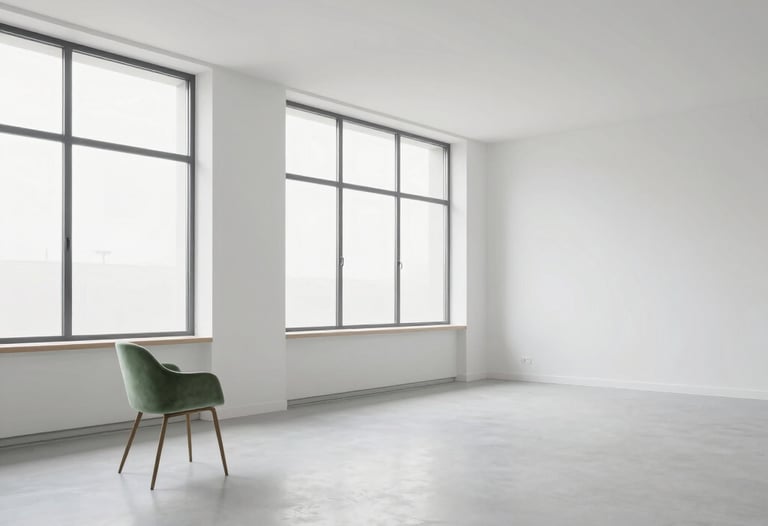 A wide-angle minimalist shot of an empty creative studio space with large windows and a single sage green chair, emphasizing white space and modern design.