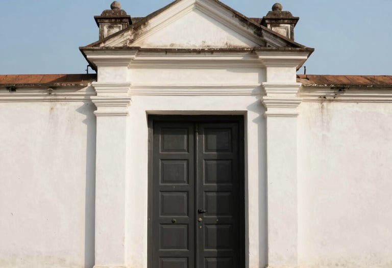 A minimalist, artistic shot of a Mumbai heritage building doorway against a clean, clear sky, representing the blend of tradition and modern creativity.