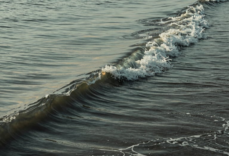 An artistic shot of Mumbai coastal waves at dawn, in soft sage green and deep charcoal colors, representing a calm and modern aesthetic.