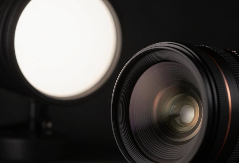 A close-up photograph of high-end camera lenses reflecting a soft off-white studio light, representing cinematic craft. Minimalist composition with lots of dark space.