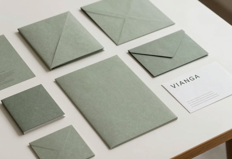 A collection of minimalist brand identity assets spread neatly on an off-white table, featuring sage green accents and modern typography.