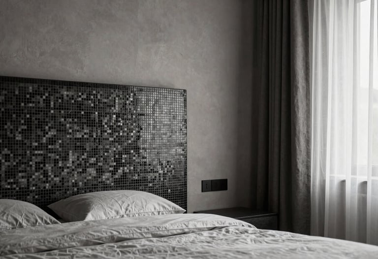 A modern minimalist bedroom suite with a monochromatic palette, featuring a custom mosaic headboard detail and sheer linen curtains, European elegance.