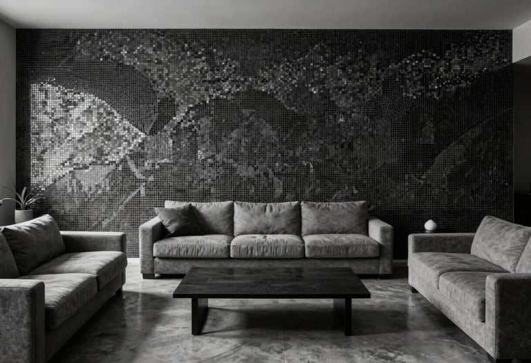 A high-angle architectural photograph of a minimalist Spanish living room with a feature mosaic wall in monochrome black and silver, soft grey furniture, and polished concrete floors.