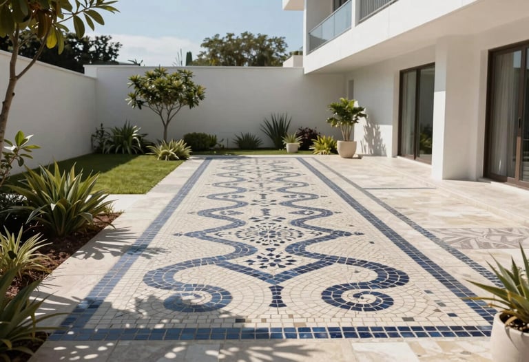 A wide shot of a modern European patio with a custom-designed mosaic walkway, surrounded by minimalist landscaping and white architectural walls under bright sunlight.