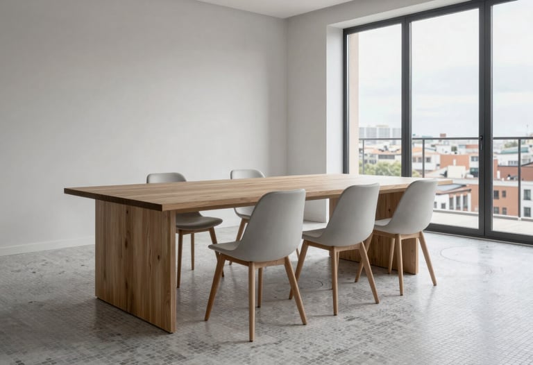 Interior shot of a bright penthouse studio in Madrid, showing a long work table, minimalist chairs, and a subtle light grey mosaic floor pattern, European style.