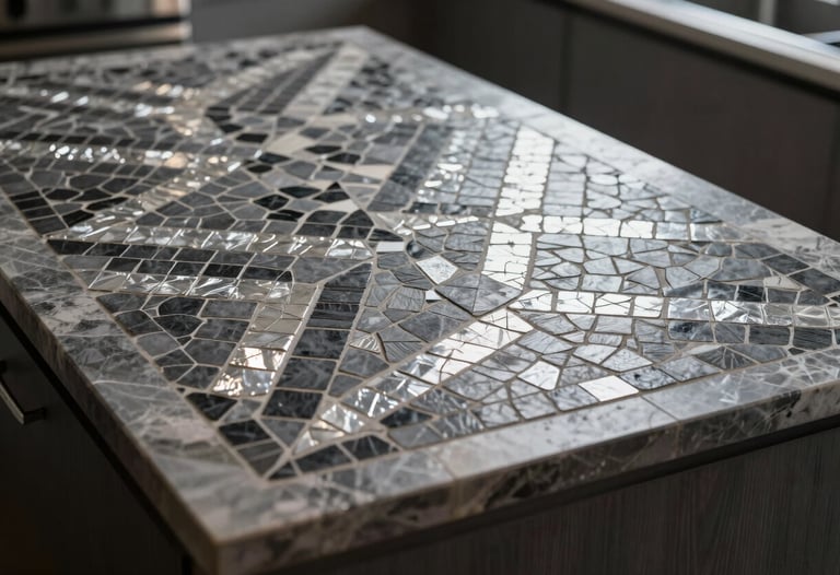 Close-up of a handcrafted mosaic detail on a kitchen island, using dark grey and light silver tiles in an abstract geometric pattern, professional studio lighting.