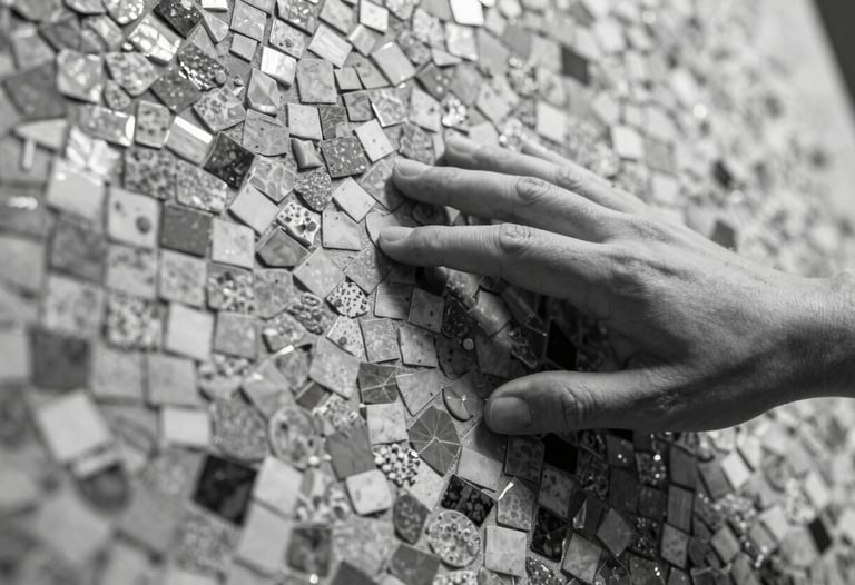 A designer hand touching a textured mosaic surface, close-up, black and white photography style, showing the craftsmanship and detail of the material.