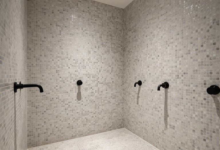 Luxury hotel bathroom in Spain, walls and floor covered in exquisite light grey and white mosaic tiles, minimalist black fixtures, soft ambient lighting.