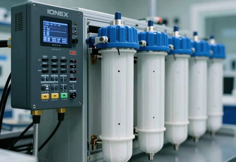 Clean-room environment showing the installation of the IONEX controller next to a series of high-precision water filters. International / Global laboratory setting.