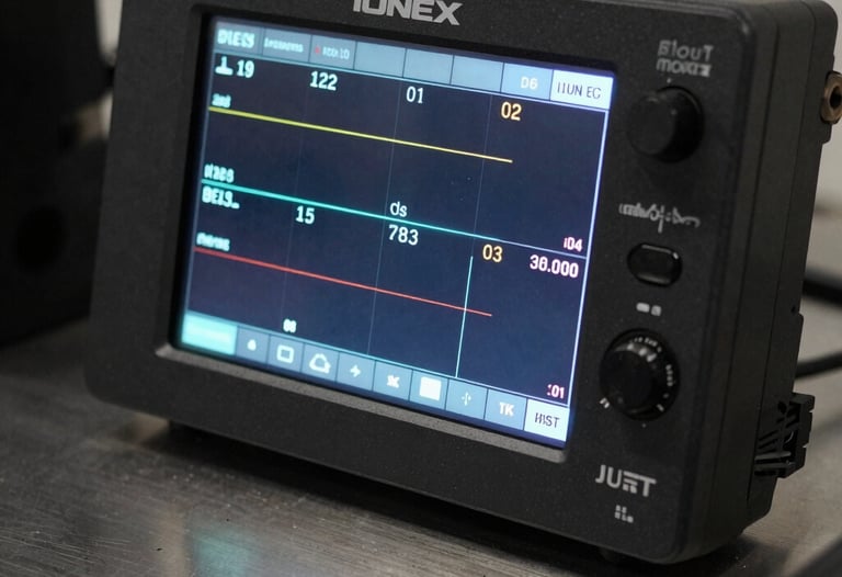 The digital interface of the IONEX controller showing clear, precise readings. The screen glow is reflected on a metallic surface.
