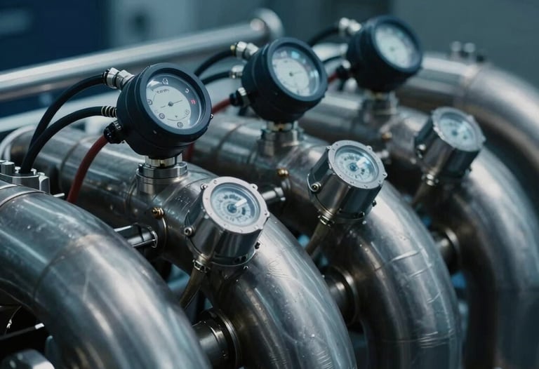 Close-up of a stainless steel manifold with electronic sensors connected to the IEX-100 system. Cinematic lighting with a focus on dark blue and metallic textures.