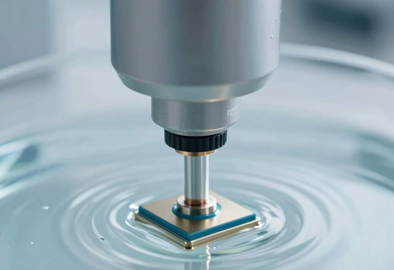 Macro photography of a high-tech sensor probe submerged in ultra-pure water. The lighting is crisp and surgical, emphasizing precision and the light grayish-blue palette of the brand. International / Global scientific setting.