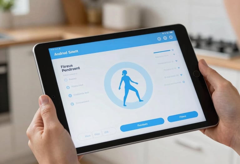 Detailed photography of an Android tablet displaying a minimalist fitness application with light blue accents. The tablet is held by a person in a bright, modern North American apartment kitchen during the day.